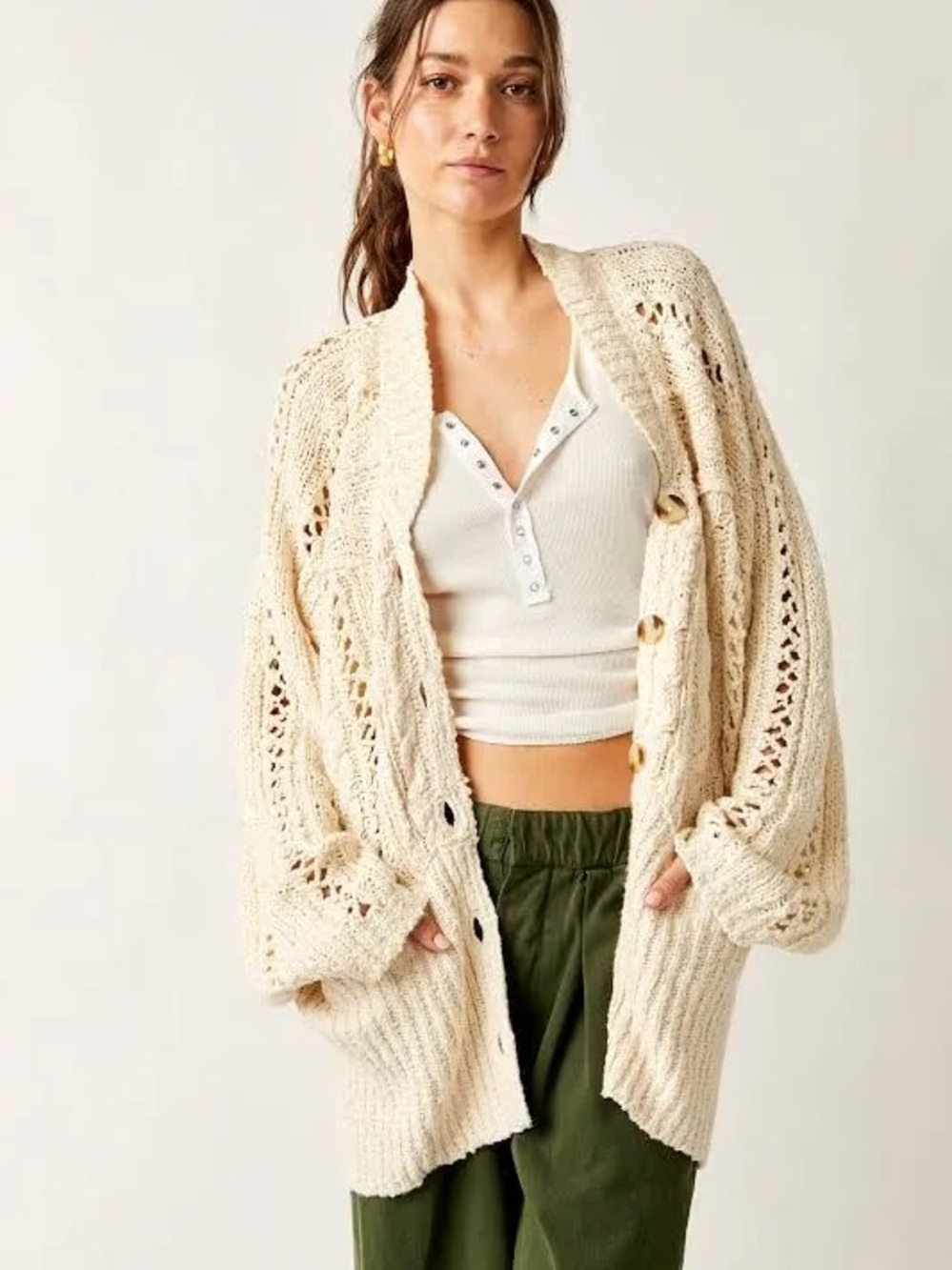 Free People Oversized Cable Knit Cardi in Ivory small Preppy Academia Cardigan - Picture 2 of 12
